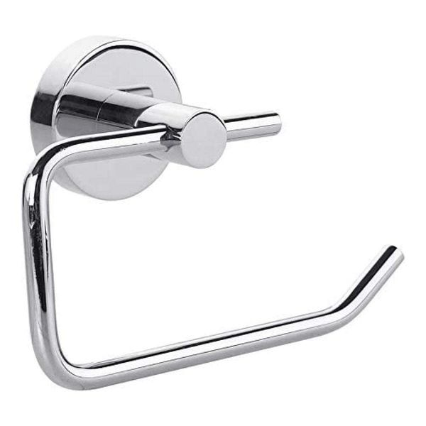 tesa SMOOZ Toilet Paper Holder - No Drill Chrome Plated Metal Toilet Roll Holder without Lid for Bathrooms and Guest Toilets - Includes Removable Glue Solution