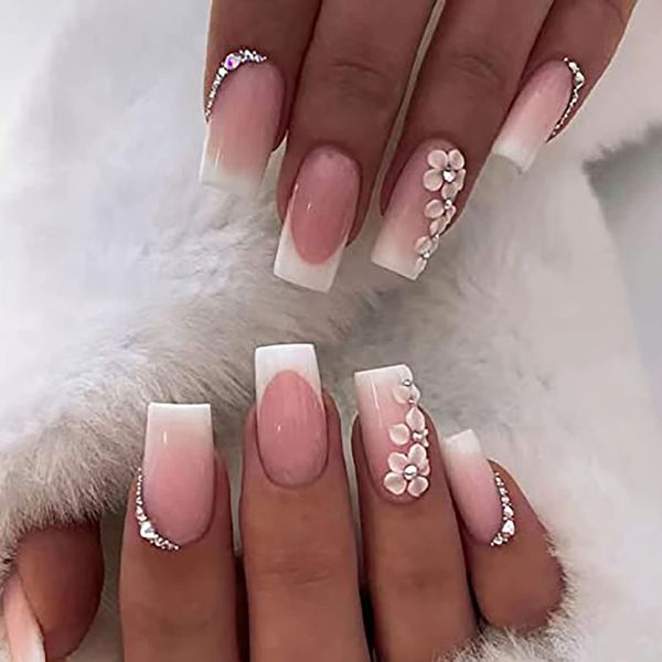 Medium Square Fake Nails French Press on Nails Glossy Glue on Nails Full Cover False Nails with Flower Rhinestones Design Artificial Fingernails White Nail Tips Pink Acrylic Nails for Women 24 Pcs