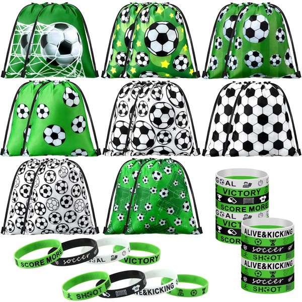 Sadnyy 32 Pcs Party Favors Set Include 16 Drawstring Bags 16 Silicone Wristband Goodie Bags Treat Bags Snack Bags for Birthday Party Supplies(Soccer)