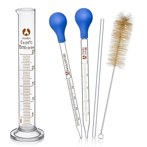 LXQ Glas Pipette Glas Meßzylinder Set 6 Stück, 5ml 10ml Messpipetten für Labor ,25ml Glas Meßzylinder,Pipette mit Pinsel und Rührstab für Labor Medizin Schule Reagenzglas