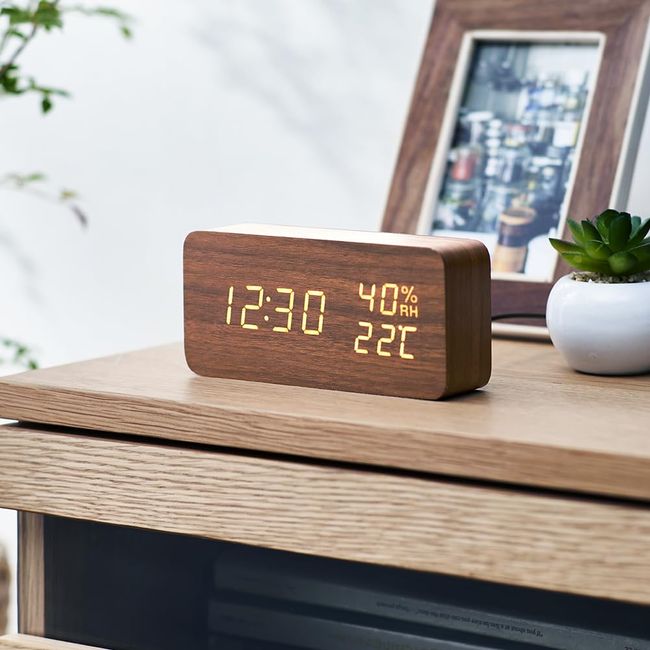 Iris Ohyama ICW-01WH-T Alarm Clock, Digital, Brightness Adjustment, Temperature and Humidity Display, Table Clock, Power Saving Mode, Wood Grain Design, Multifunction, Brown