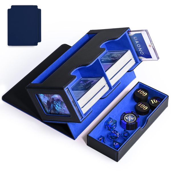 UAONO MTG Deck Box with 2 Commander Display and Dice Tray-Patented Design, Double Deck Box for 250+ Single Sleeved Cards, Leather Magnetic Card Storage Box Fits for TCG CCG Magic Cards (Black&Blue)