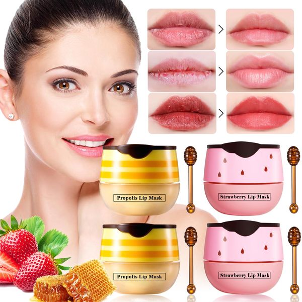 4 PCS Bee Honey Lip Balm Honey Pot, Strawberry & Bee Honey Lip Mask, Reduces Lip Lines, Hydrate & Moisturizing Lip Skin Care, Prevention Dry Cracked Lips, Bee Honey Lip Balm for Lip Repair Treatment