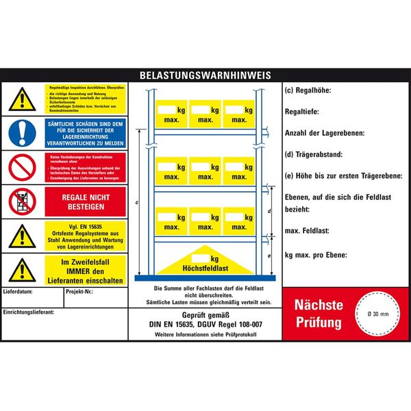 Dreifke® Belastungswarnhinweis f.Palettenregale, 3 Einh., DIN EN 15635, Kunststoff, 300x200mm