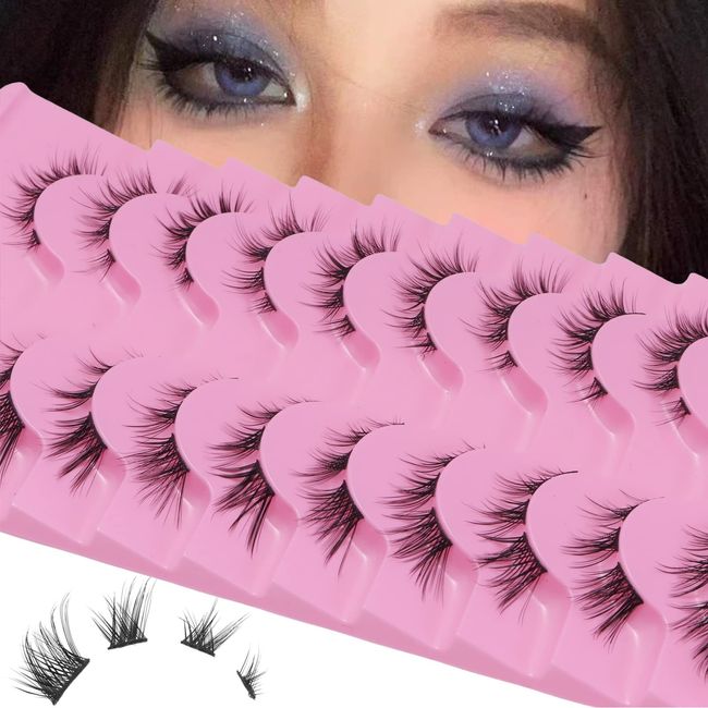 outopen 10 Pairs Cluster Lashes Natural Look Manga Lash Clusters C Curl Fluffy Wispy Individual Eyelashes Cat Eye Lashes DIY Eyelash Extensions(A01-205)