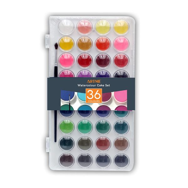 Artme Watercolour Paint Cakes 36 Assorted Vibrant Colours with an Artist Brush - Artist Palettes kit box Create Hues, High Tinting Strength, Intense Pigmentation