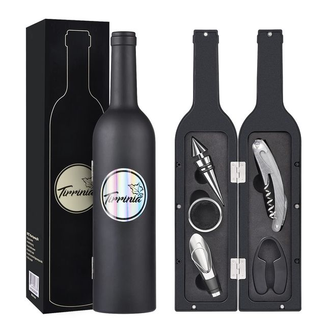 Kato Wine Accessories Gift Set - Wine Bottle Corkscrew Opener Kit, Drip Ring, Foil Cutter and Wine Pourer and Stopper in Novelty Bottle-Shaped Case Valentine's Gift, Black