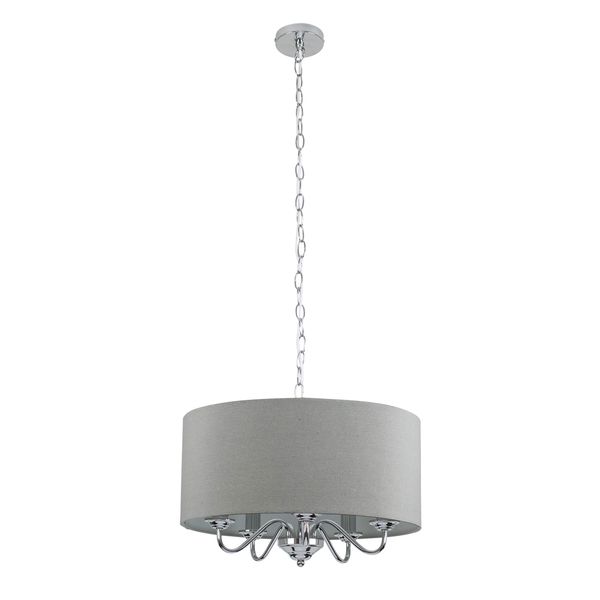 MiniSun Modern Chrome 5 Way Curved Arm Grey Linen Slimline Drum Ceiling Light Pendant - Complete with 4w LED Candle Bulbs [3000K Warm White]