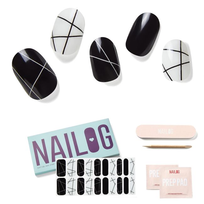 NAILOG Semi-Hardened Gel Nail Stickers (20 Pieces), Long Lasting, Salon Quality, Extra Long, Waterproof, Nail Stickers, Nail Kit, Simple, Art Design, Glossy, Cute | B&W Composition