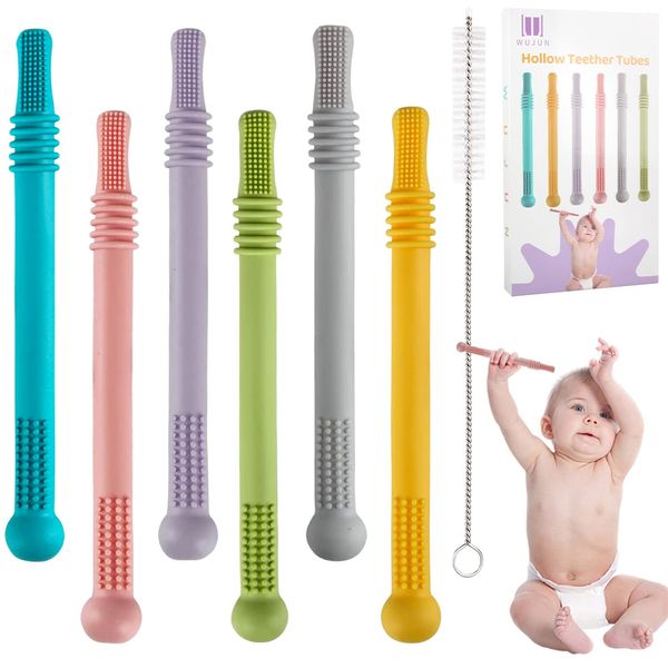 WUJUN 6Pack Hollow Teether Tubes, Silicone Baby Teether Toys, Chew Straws Toy for 3-12 Months Babies Molars, BPA Free/Freezable,with a Cleaning Brush,Dishwasher Safe (Hollow Set of 6)