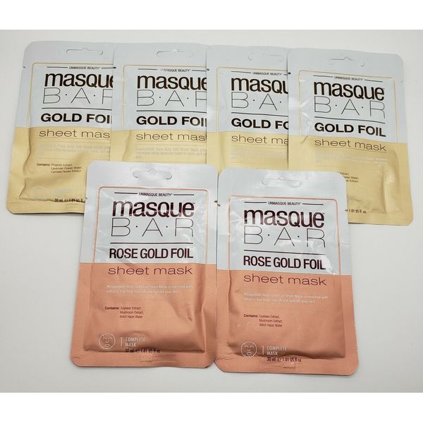 Lot of 6 Unmasque Beauty Masque Bar Gold Foil and Rose Gold Foil Sheet Masks