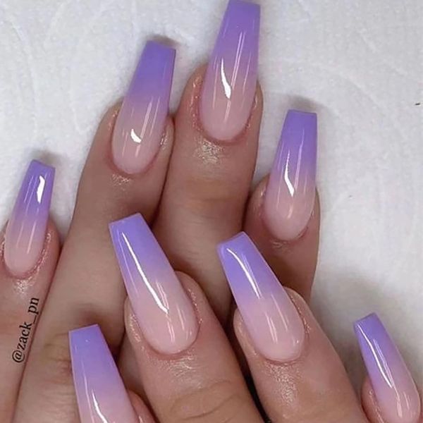 French Press on Nails Long Coffin Fake Nails Full Cover False Nails with gradient Design Acrylic Nails for Women and Girls 24Pcs (lavender)