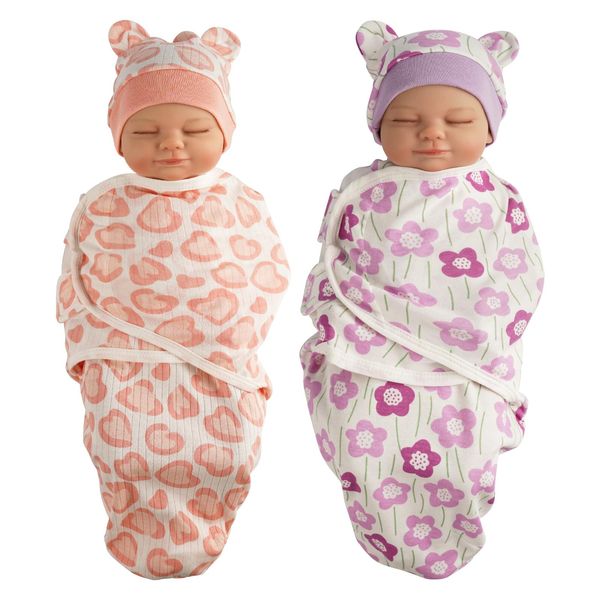 BABESIDE 2 Sets of Reborn Baby Doll Blankets with Doll Hats for 17-24 Inch Dolls, Baby Doll Accessories Set Baby Doll Swaddle Blankets for Newborn Baby Dolls Girl, Pink Heart & Purple Floral