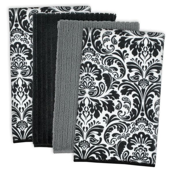 DII Cleaning Collection Multi-Purpose Microfiber, Black Damask, Dishtowel Set