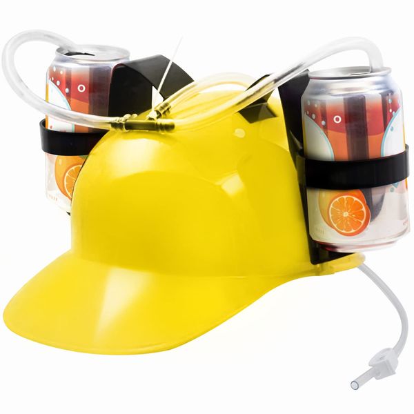 NOVELTY PLACE Drinking Helmet - Can Holder Drinker Hat Cap with Straw for Beer and Soda - Party Fun (Yellow)