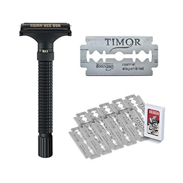 KWAN YEE GOR Adjustable Double Edge Safety Razor with 10pcs German Solingen Stainless Steel Blades,Butterfly Open with Long Handle for Men