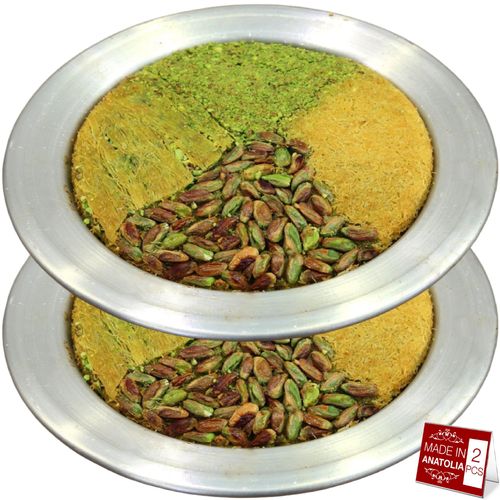 Hakan Kunafa Serving Plate for Shredded Kadaifi, Aluminum Pan for Baking and Serving Kunefe, Knafeh Phyllo Fillo Dough Pan, Authentic Knafe Dessert Pan, Set of 2, Silver, Large, 12.6”(Inner Dia 10”)