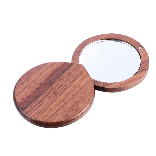 BESTOYARD Compact Mirror, Portable Mirror, Wood, Sliding Type, Hand Mirror, Round Shape, Magnet, Easy to Carry, Pocket Mirror, Gift