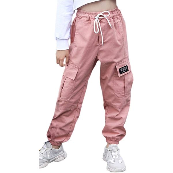 SANGTREE Girls Cargo Pants, Elastic Waist Drawstring Loose Tapered Multi Pockets Cargo Jogger Pants for Girl, Pink, 9-10 Years Big Kid = Tag 150