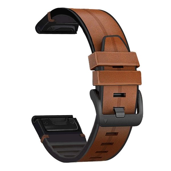 YOOSIDE for Garmin Fenix 7 / Fenix 6 / Fenix 5 / EPIX 2 Watch Strap, Quick Fit 22mm Soft Genuine Leather with Silicone Sweatproof Wristband Strap for Forerunner 955,Approach S62,Instinct 2 (Brown)