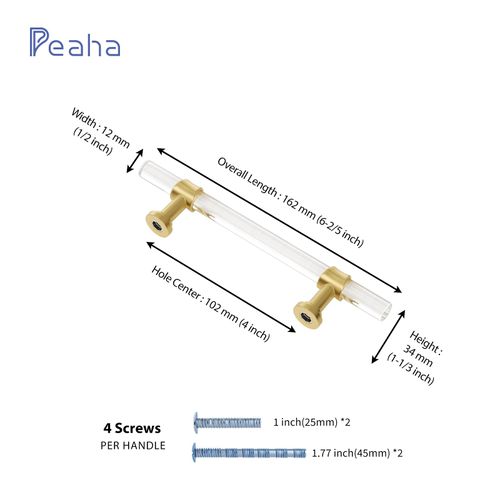 Peaha 10 Pack 4 Inch Acrylic Cabinet Pulls Gold Drawer Handles Brushed Brass Hardware Zinc Alloy for Dresser Cupboard Kitchen