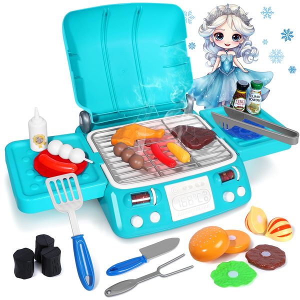 Kids BBQ Grill Playset, Kitchen Toy Set with Pretend Smoke, Light & Sound, Frozen Toys for Toddlers 3-8, Indoor Outdoor Interactive Barbecue Toy Christmas Birthday Gift for Girls Age 3-8