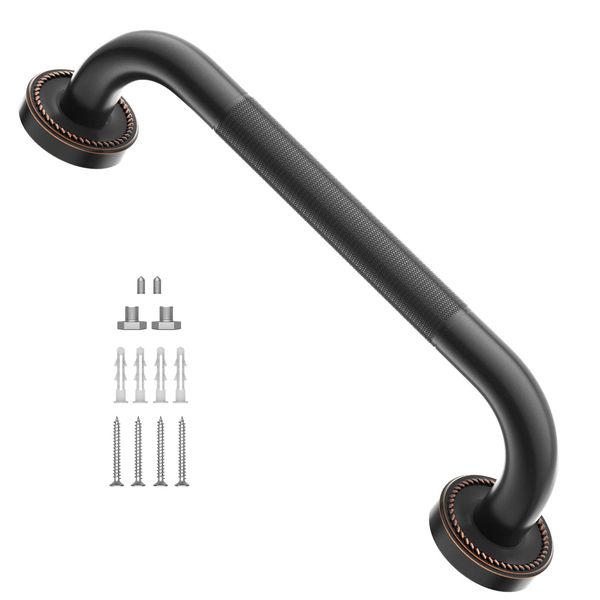 12 Inch Anti Slip Bronze Shower Grab Bar Oil Rubbed Black,ZUEXT Antique Brass Bathroom Grab Bar, Knurled Bathroom Balance Bar,Safety Hand Rail Support Handicap Elderly Injury Senior Assist Bath Handle