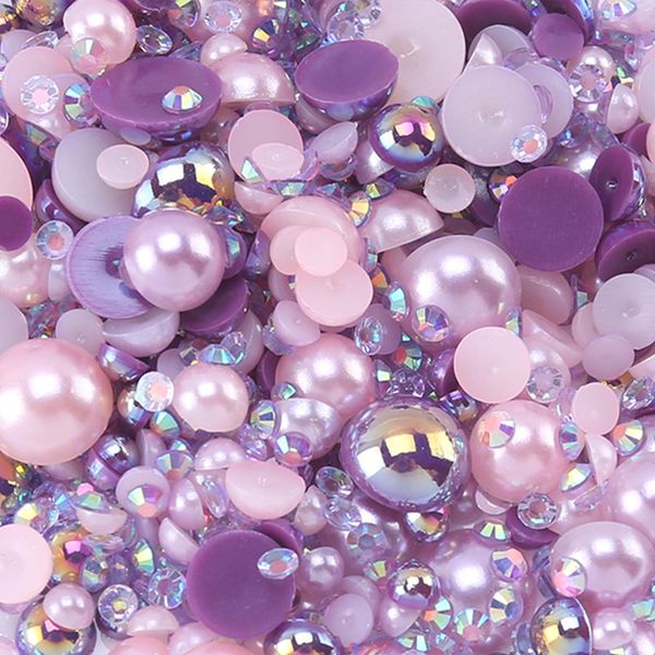 Flatback Pearls Rhinestones for Craft 30g 1400Pcs (2-10mm) Half Round Resin AB Color Rhinestones Pearls for Nail Art Face Body Tumblers-Purple