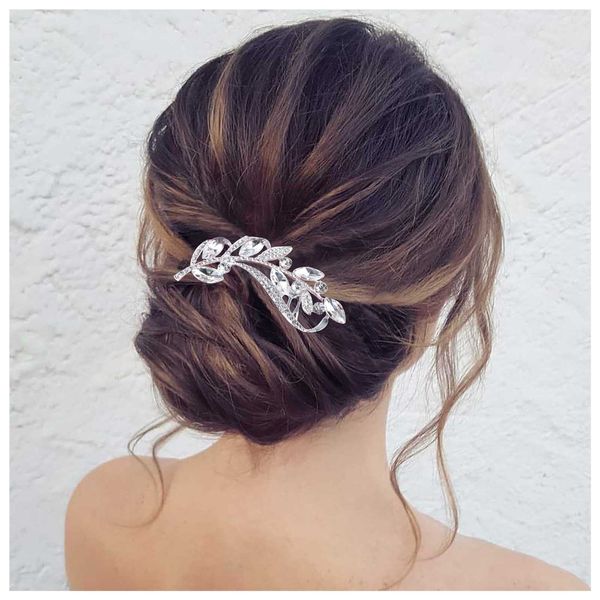 Allereya Crystal Wedding Hair Comb Barrette Rhinestone Leaf Hair Barrette Comb Sliver CZ Bling Bridal Headpieces Decorative Head Clip Headwear Bridal Hair Accessories for Women and Girls