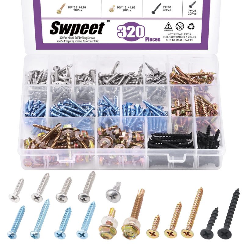 Swpeet 320Pcs 16 Mixed Self Drilling & Self Tapping Screws Wood Screws ...