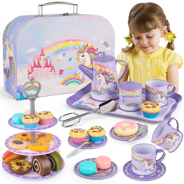 Kids Tea Party Set for Little Girls, Unicorn Toys for 3 4 5 6 7 8 Year Old Girls Birthday Gift, Toddler Kitchen Pretend Toy Tin Tea Set with Desserts, Teapot & Teacup & Carrying Case