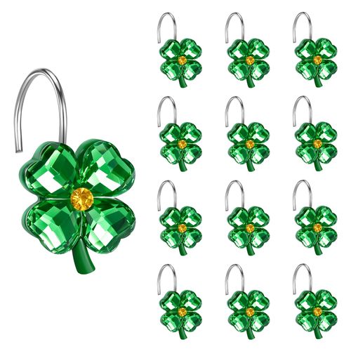 12PCS Four-Leaf Clover Shower Curtain Hooks, Rustproof Bathroom Decorative Shower Hooks for Shower Curtain, Spring Green Lucky Shower Curtain Hangers for Living Room Bedroom Decor, Gift Idea
