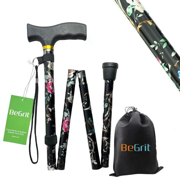 BeGrit Walking Sticks for Women Folding Walking Sticks Adjustable Walking Stick Collapsible Lightweight Flexible Stick Comfortable Grip Durable Mobility Aid for Ladies Men(Black)