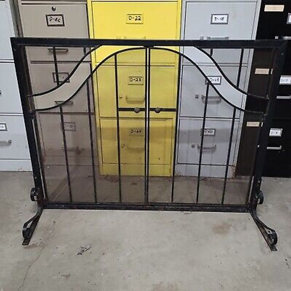 Vintage Wrought Iron 2 Door Fireplace Mesh Screen w/ Bars on the Doors