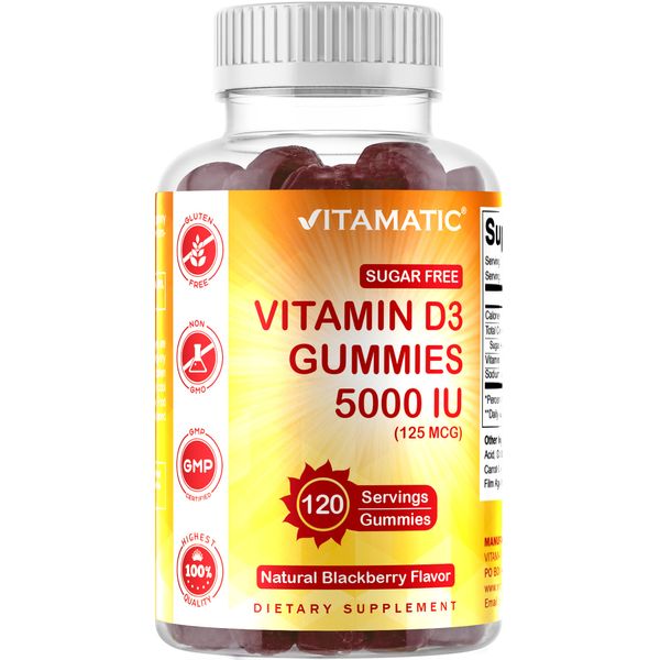 Vitamatic Sugar Free Vitamin D3  (5000 IU) - 120 Pectin Based Gummies.