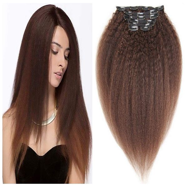 14 Inch Brown Kinky Yaki Straight Clip in Human Hair Extensions Double Weft Brazilian Virgin Hair Clip ins 7 Peices/set 16 Clips for American Girls Beauty (70g 14", Brown)