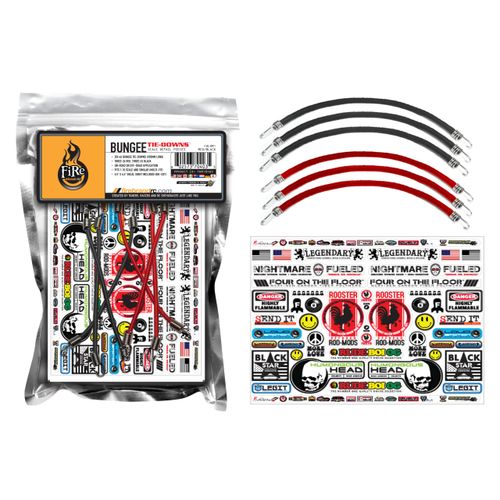 FIRE BRAND RC® Bungee TIE-Down Set – 6 Pack of 100mm Metal Tip and Hook Bungees (3 Red, 3 Black) with 5.5” x 4.5” Die-Cut Sponsor Logo Decal Sheet