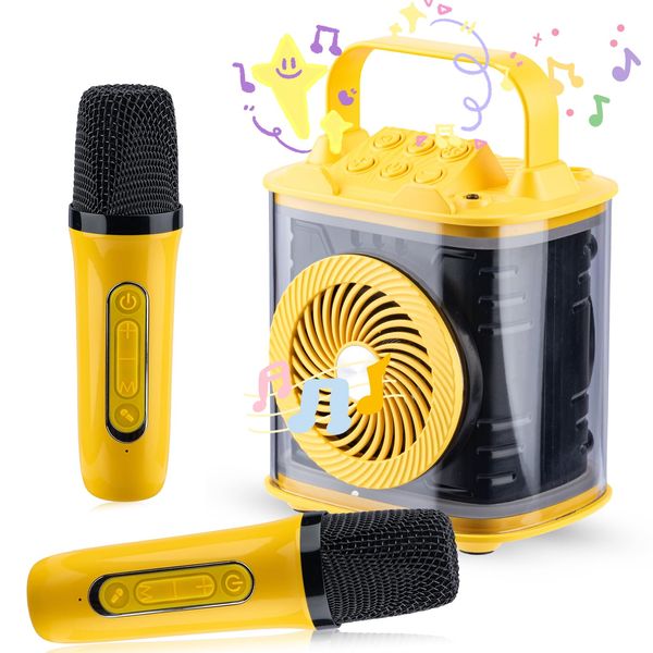 Mini Karaoke Machine for Kids Adults, Portable Bluetooth Speaker with 2 Wireless Microphones, Christmas Birthday Toys Gifts for Girls Boys 3, 4, 5, 6, 7, 8, 9,10+ Year Old Toddler Teens (Yellow)