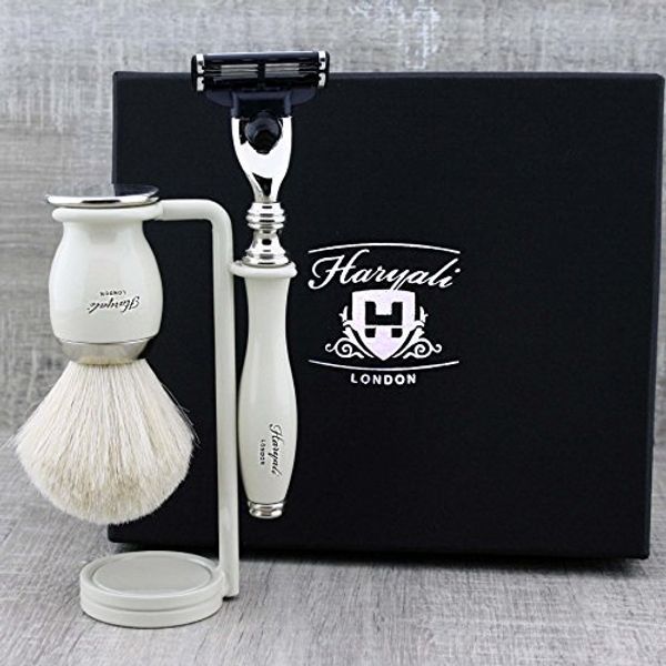 White Badger Hair Shaving Brush with Triple Edge Cartridge Razor & Stand for Both.