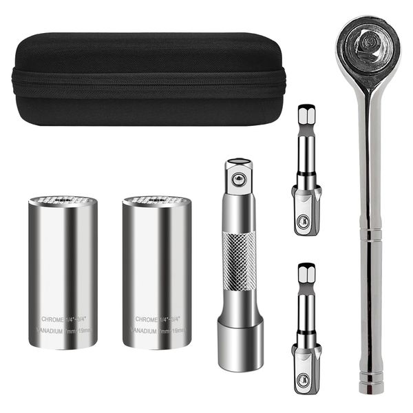 PANMAX Universal Socket Wrench Tool set (7-19mm) Multi-Function Professional Super Socket Tool Sets unscrew any bolt with Power Drill Adapter and 3/8 inch Ratchet wrench