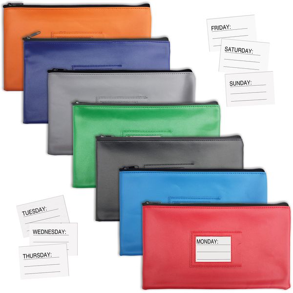 Better Office Products 7 Pack, 7 days Zipper Security Bank Deposit Bag, Clear Window & 14 Insert Cards (Mon - Sun + Blank), Leatherette, 11.25" x 6.25", Cash Bag, Utility Pouch, Assorted 7 Colors