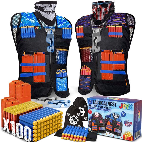 JoyX 2 Sets Tactical Vest Kits Compatible with Nerf Guns w/ 100 Bullets N-Strike, Elite, Roblox, Halo Series Fun Accessories Compatible with Nerf Guns Refill Darts, Mask Full KIT