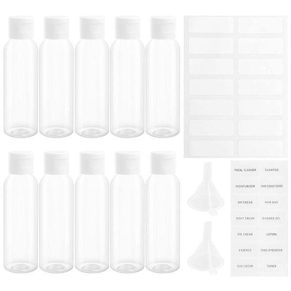 10 Pcs Clear Travel Bottles, 60ml Empty Travel Bottles, Travel Bottles for Toiletries, Flip Cap Plastic Bottles for Travel, Refillable Travel Bottles with Funnels and Labels for Travel or Cosmetic