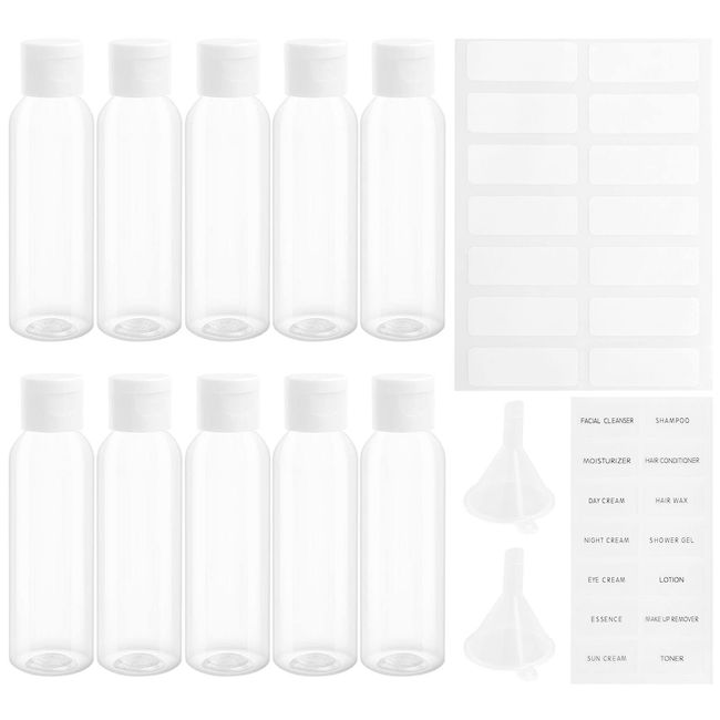 10 Pcs Clear Travel Bottles, 60ml Empty Travel Bottles, Travel Bottles for Toiletries, Flip Cap Plastic Bottles for Travel, Refillable Travel Bottles with Funnels and Labels for Travel or Cosmetic