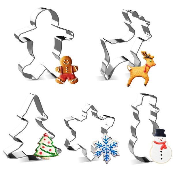 Christmas Cookie Cutter Set - Joyoldelf 5 Piece Stainless Steel Snowflake, Christmas Tree, Reindeer, Gingerbread Boy, Snowman for Kids