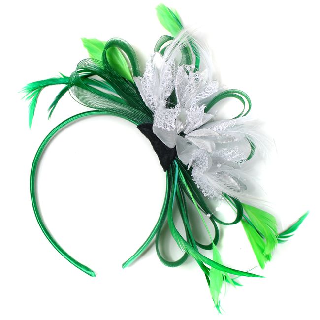 Caprilite Green and Silver Feather Hair Fascinator Headband Wedding and Royal Ascot Races Ladies