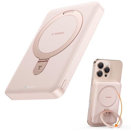TORRAS 10000mAh Magnetic Portable Charger Power Bank for iPhone, Fast Charging Travel Essential Wireless Battery Pack OStand Compatible with Magsafe, i Phone 16 Pro Max,Pro,15,14,13,12, Rose Gold