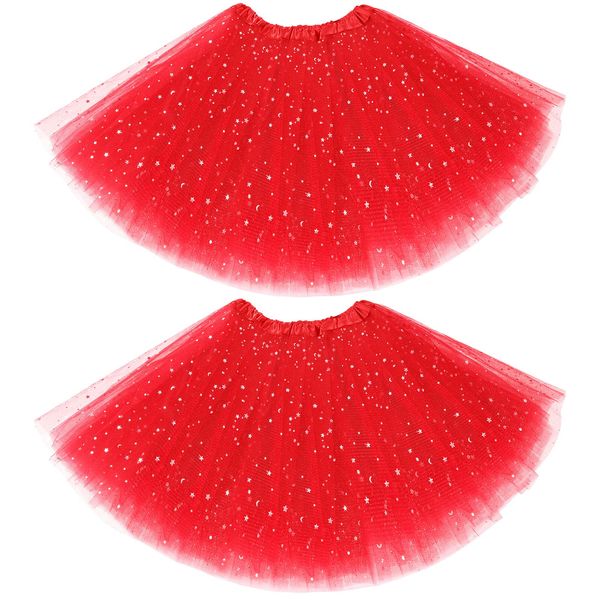 Haysandy 2 Pack Mardi Gras Women Tutu Skirt Adult Tutu Elastic Layered Tulle Tutu with Sequin Stars 80s Costume(Red)