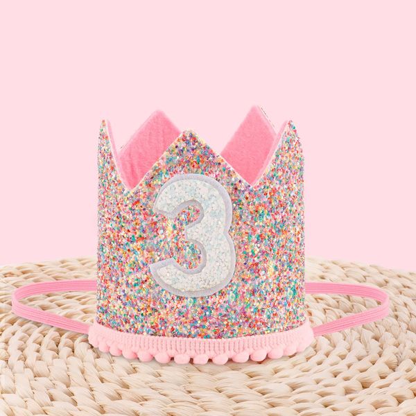 Chanaco 3rd Birthday Hat for Baby, Rainbow Birthday Girl Crown, Glitter Third Birthday Hat for Gifts, Three Birthday Hat for Kids, 3rd Birthday Party Hat Birthday Decoration Little Girl Hair Accessory