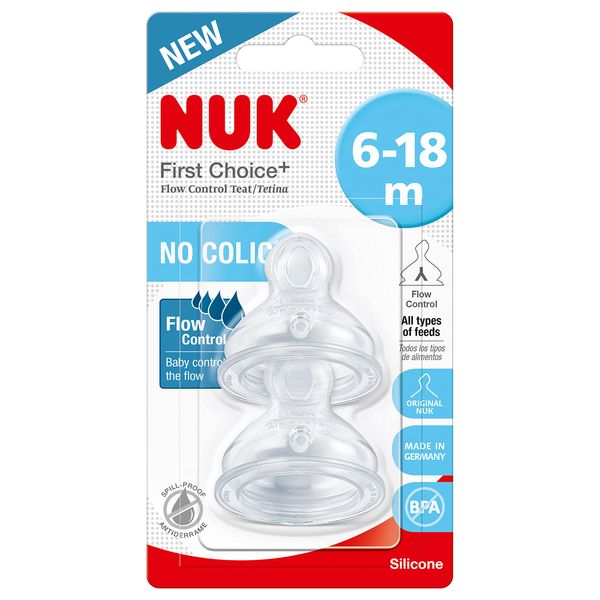 NUK First Choice+ Teats for Baby Bottles | 6-18 Months | Flow Control | Anti-colic Vent | BPA-free | 2 Count